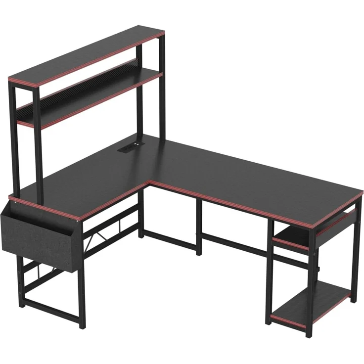 Devoko Schreibtisch l Form Gaming Tisch mit LED,155x100 cm Eckschreibtisch Gaming Schreibtisch mit 2 Steckdosen und 2 USB-Anschlüssen, Computertisch mit Aufbewahrung, Rahmen aus Stahl