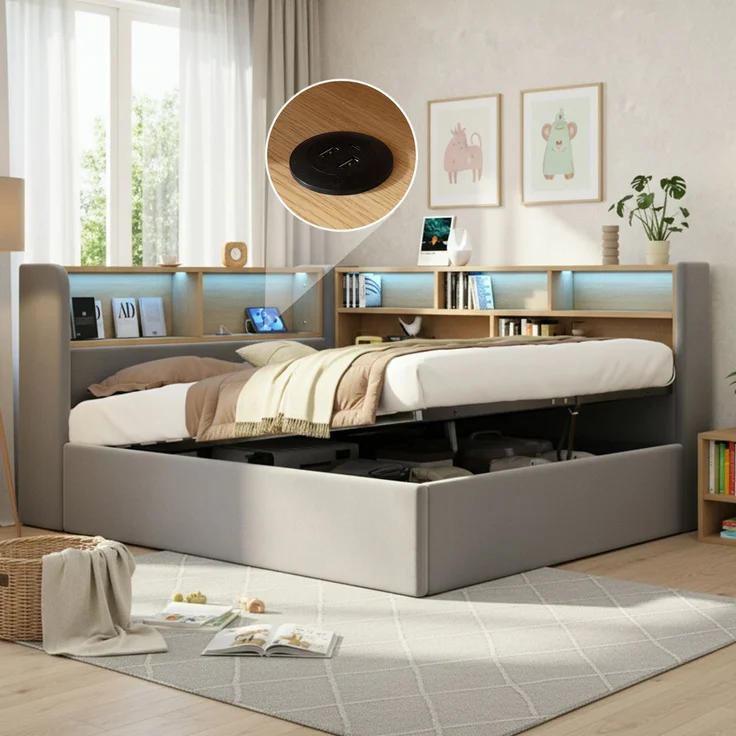 Daybett 140x190 cm mit hydraulischem Stauraum, Polsterbett, Tagesbett, Schlafsofa mit LED, USB & Rückenlehne, Samt, grau – Bild 1