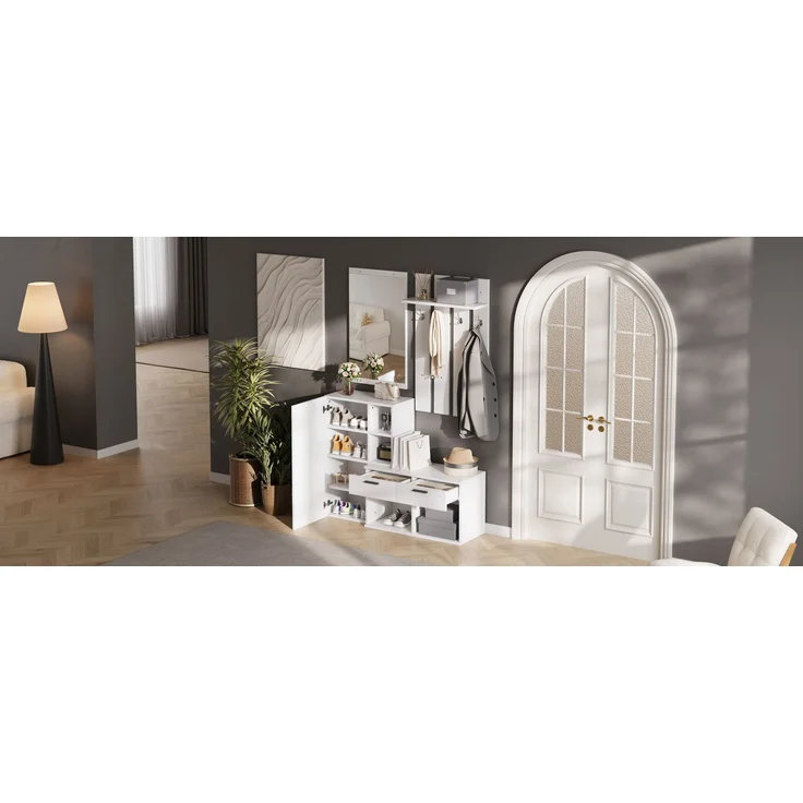 Garderobe im Flur,Garderobenständer für den Eingangsbereich, inklusive Schuhschrank, Spiegel und Kleiderhaken, Kompaktgarderobe mit 2 Schubladen,für Flur Eingangsbereich, Weiß,120x35x175.5cm--Weiß--120x35x175.5cm--YOUDENOVA – Bild 10