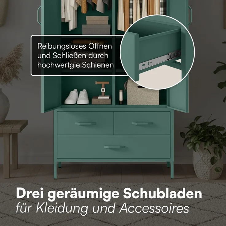 skølm 'Atria' Kleiderschrank mit 3 Schubladen, Metall, 170x45x80 cm, dunkelgrün, Garderobe mit 4 Fächern und 2 Kleiderstangen – Bild 5