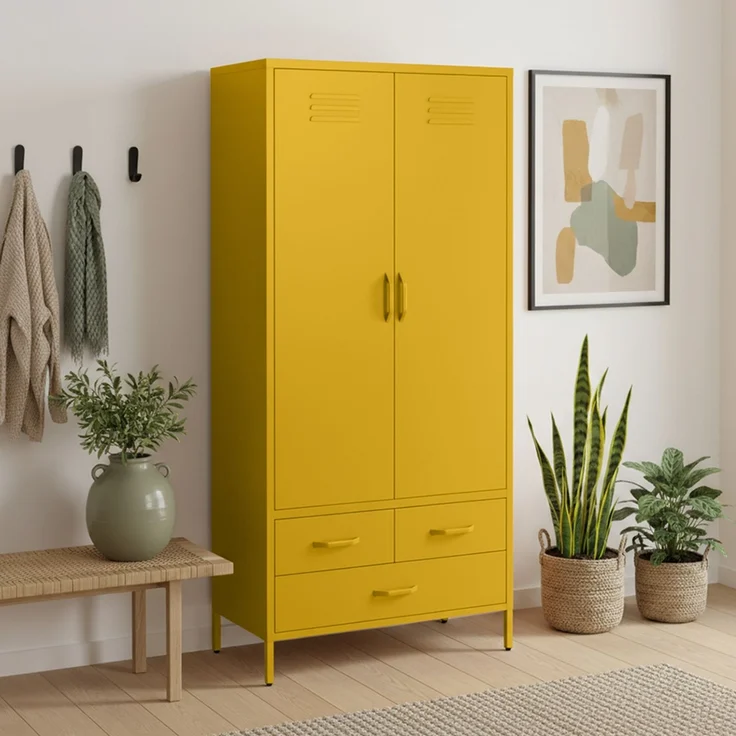 skølm 'Atria' Kleiderschrank mit 3 Schubladen, Metall, 170x45x80 cm, senfgelb, Garderobe mit 4 Fächern und 2 Kleiderstangen – Bild 8