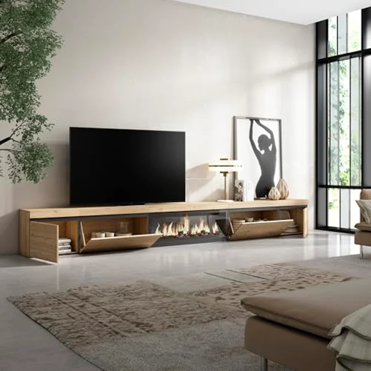 Skraut Home | TV-Schrank, Lowboard | für Wohnzimmer und Esszimmer | 368x45x35 | Elektrokamin XXL | Moderner Stil | Eiche – Bild 4