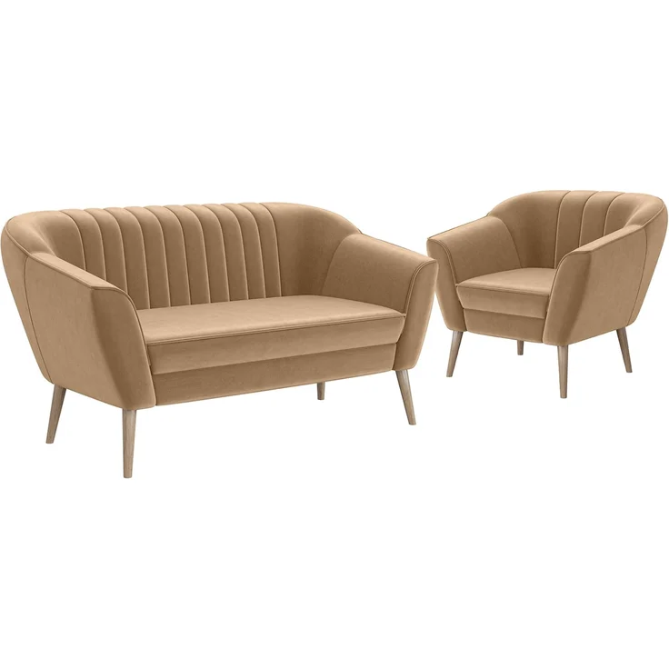 MEBLINI Sofa-Set KAIA 2+1 - Beige Samt - für Wohnzimmer - Mini Lounge für drei Personen - Küchensofa - Sofa Klein - Sitzgarnitur - Polstergarnitur - Sofagarnituren – Bild 1