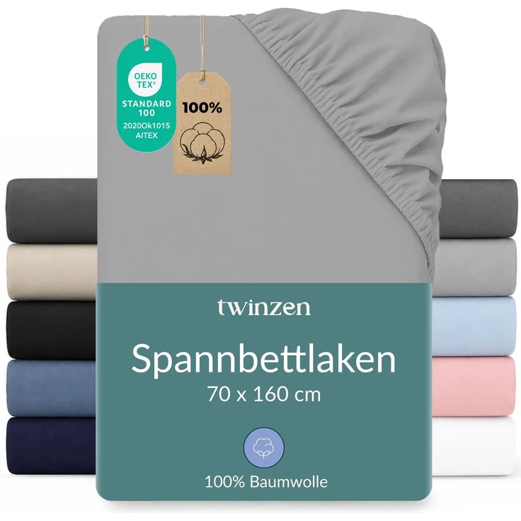 Twinzen Spannbettlaken Baumwoll-Jersey 70x160 Grau Steghöhe 15 cm