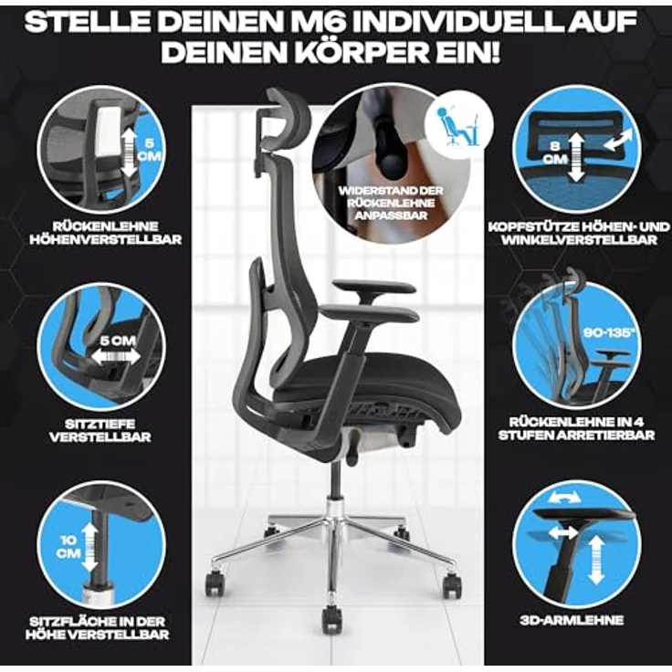 VALKENSTOL M6 Bürostuhl Ergonomisch Testsieger, auch bis 1,95m, Schreibtischstuhl mit Polster-Sitz, Office Chair mit adaptiver Lordosenstütze, Verstellbare Rückenlehne für Gesundes Sitzen, Chefsessel – Bild 5