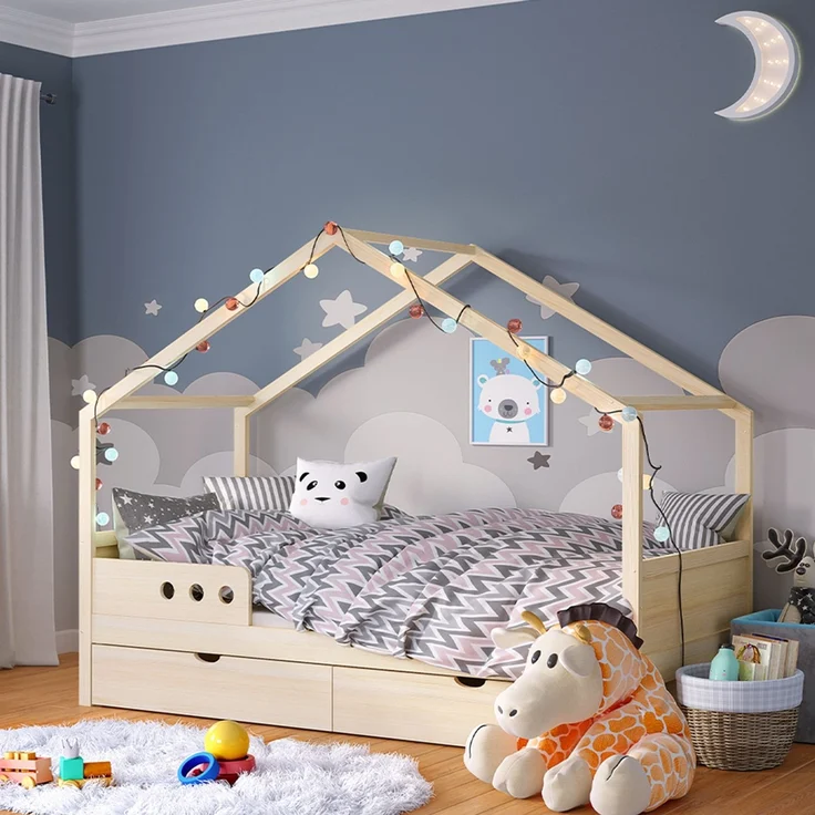Bellabino 'Bela' Hausbett 90x200 cm mit großer Schublade, natur, Kiefer Massivholz, Montessori Kinderbett mit Stauraum, inkl. Rausfallschutz und Lattenrost – Bild 1