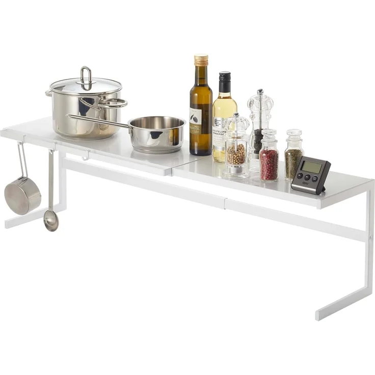 Yamazaki Küchenregal "Tower" Regal Metall 54 bis 92cm ausziehbar, platzsparend, Metallregal für mehr Platz in der kleinen Küche, mit 3 Aufhängehaken