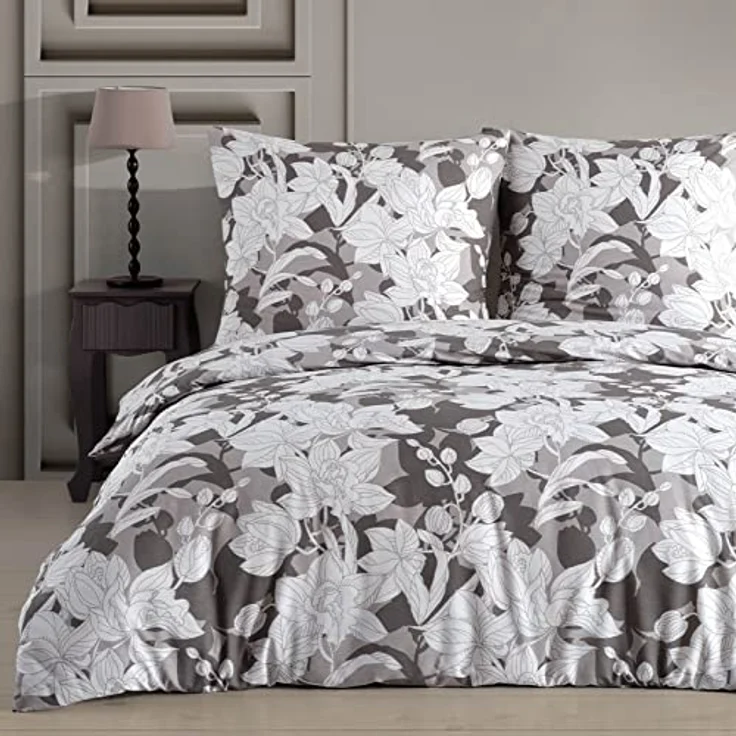 Buymax Bettwäsche Clisse, Renforce: 100% Baumwolle, 2 teilig, 155x220 cm, mit Reißverschluss, Blumen, Orchidee, Grau, Weiß – Bild 2
