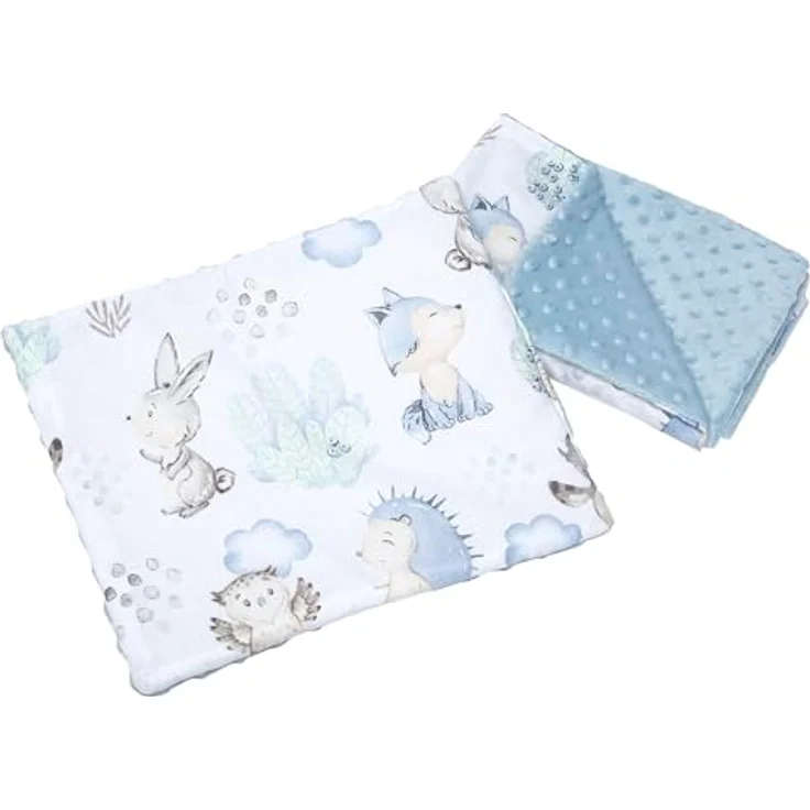 Medi Partners Babydecke Krabbeldecke mit Kissen 100% Baumwolle Minky Kinderdecke 55x75 + 35x30 cm multifunktional für Kinderwagen Babyschale Wiege (Hirsch und Igel mit hellblauem Minky) – Bild 2