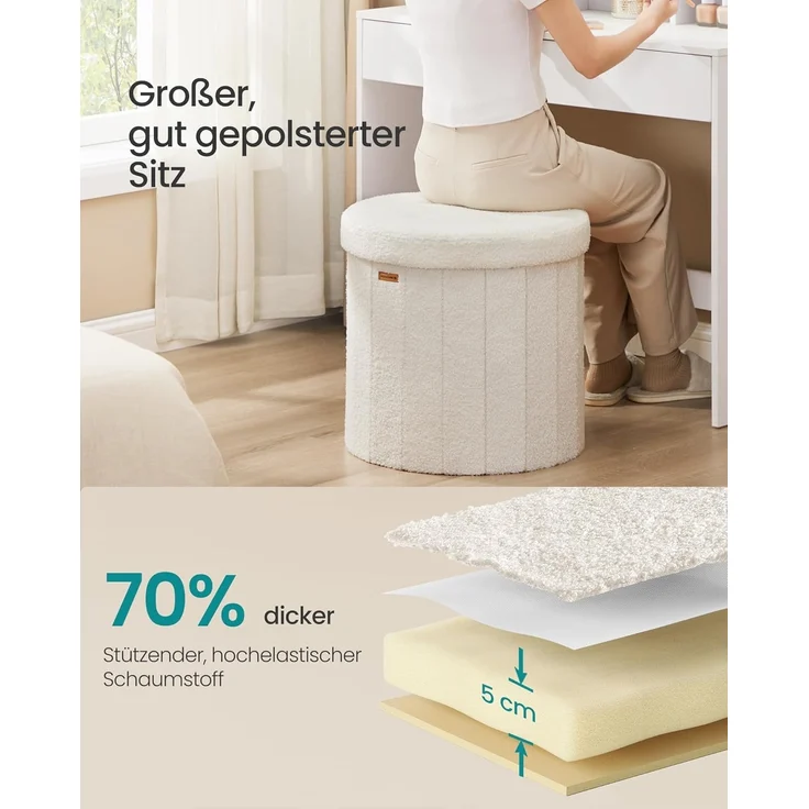 SONGMICS MAZIE Kollektion – Sitzhocker rund, Fußhocker mit Stauraum, faltbarer Hocker mit abnehmbarem Deckel, einfache Montage, Fleece, Wohnheim, Schlafzimmer, Wohnzimmer, cremeweiß – Bild 4