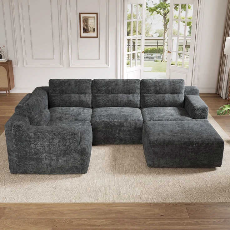 Ecksofa 252 x 180 x 82 cm in Grau, modulares 5-Sitzer-Sofa aus Chenille mit Hocker und rahmenlosem Vollschaumkomfort – Bild 3
