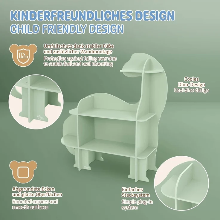 Joyz Spielzeugtruhe Kinderregal Kindermöbel Kinderzimmerregal Spielzeug Spielzimmer Möbel, Dino Bücherregal mit 3 Ebenen MDF – Bild 5