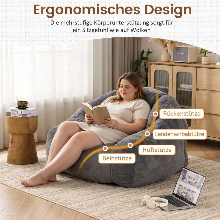 Sitzsack für Erwachsene, flauschiger Loungesessel aus Kunstfell, vakuumverpackt und montagefrei, für Wohnzimmer, Schlafzimmer, Balkon - Groß(Hellgrau)--Herde--111x123x75cm--YOUDENOVA – Bild 6