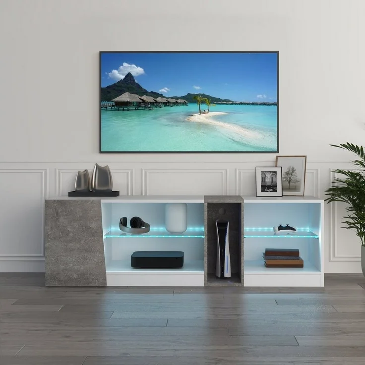 Mondeer Lowboard LED TV-Schrank, Breite 140cm mit 5 offenen Fächern und 1 Tür, Weiß und Grau – Bild 1