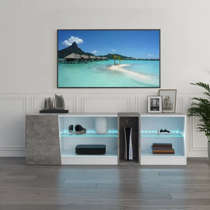 Mondeer Lowboard LED TV-Schrank, Breite 140cm mit 5 offenen Fächern und 1 Tür, Weiß und Grau