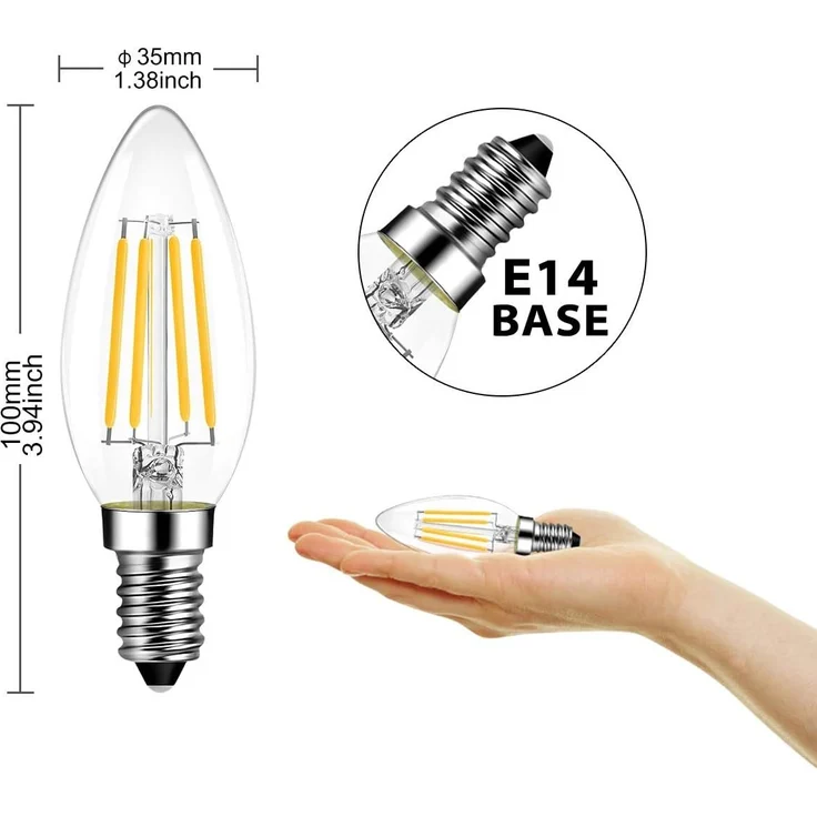 6er Pack E14 Kerze LED Lampe für Kronleuchter, E14 Glühfaden Retrofit Classic, 4W 470 Lumen ersetzt 40 Watt, 2700K Warmweiß, Filament Fadenlampe, Glas, nicht dimmbar, 3 Jahre Garantie - LVWIT – Bild 4