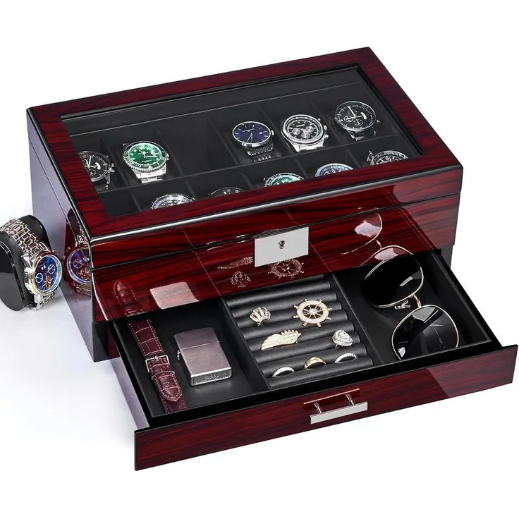 Uhrenbox Herren Watch Box Uhrengehäuse Glasdeckel 2-Tier Organizer UJWB001Y