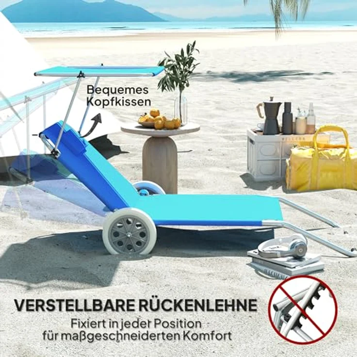 Outsunny 2er Set Sonnenliege, klappbare Gartenliege mit verstellbarem Kopfkissen und Sonnendach, blau, für Garten und Pool – Bild 5