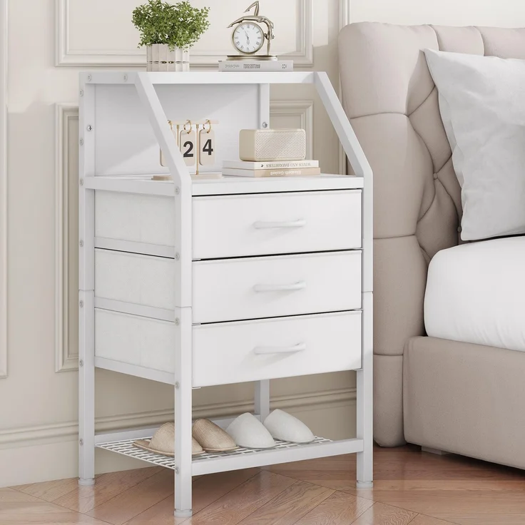 Feonase Breiter Nachttisch mit 3 Stoffschubladen und offenem Fach, geeignet für Schlafzimmer, Sofa und kleine Wohnzimmer, Weiß