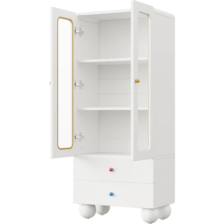 ZUBALIYA Glasvitrine, Kinder-Aufbewahrungsschrank, Bücherregal mit Schubladen, Büroschrank, Figurenvitrine, Bunte Keramikgriffe, Kugelförmige Schrankfüße,, Multifunktionsschrank, Weiß, 60 x 35 x 140 cm – Bild 12