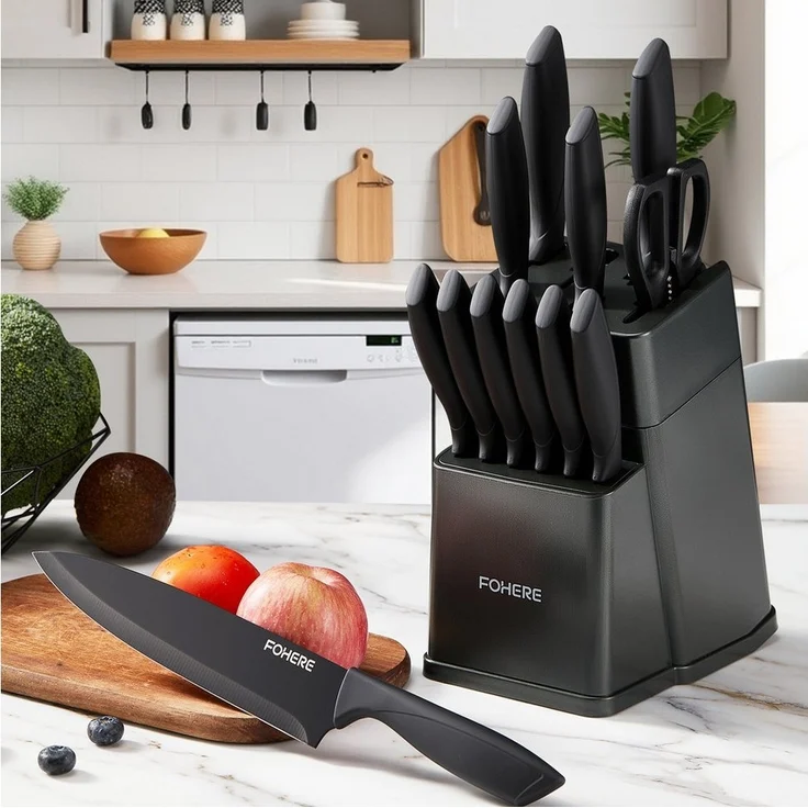 FOHERE Messer-Set aus hochwertigem Edelstahl, mit ergonomischen Griffen (13-tlg), Inkl. integriertem Schärfblock, spülmaschinenfest & rostfrei – Bild 1
