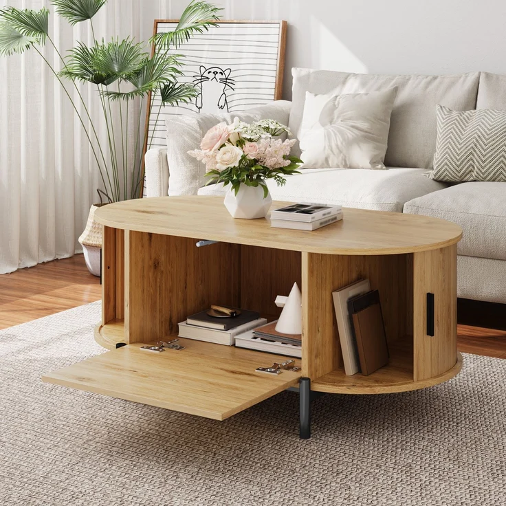 Couchtisch oval B 100 x T 50 x H 40 cm, MDF in Naturfarbe mit Rattan-Türen und Metallbeinen – Bild 2