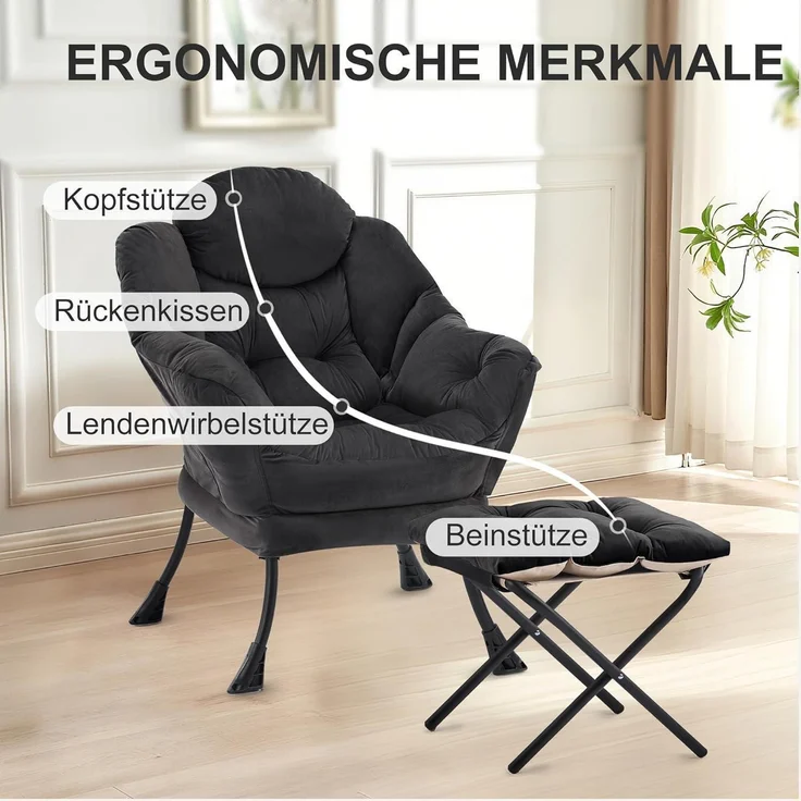 Sessel Lazy Chair Ottomane Ohrensessel Lesesessel Fußhocker Schwarz – Bild 5