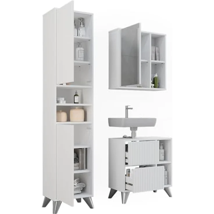 Vichy Badmöbel-Set Leano, Weiss, 3-teilig mit Waschbeckenunterschrank und Spiegelschrank, hochwertige Verarbeitung – Bild 7