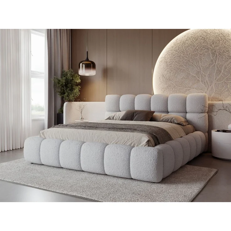 GRAINGOLD Modo Polsterbett 120x200, Doppelbett mit Kopfteil, groß Stauraum, Bouclé-Stoff, Hellgrau – Bild 1