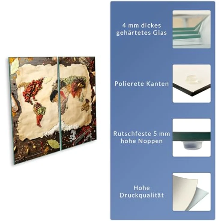 Herdabdeckplatte Abdeckung Ceranfeld Abdeckplatte Schneidebrett 2-Teilig 60x52 Gewürze Weltkarte Beige Spritzschutz Glasplatte Ceranfeldabdeckung Herdschutz Sicherheitsglas Glasschneidebrett 2x30x52 – Bild 8