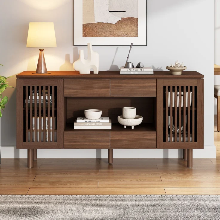 ZUBALIYA Sideboard 140x35x71 cm, mit 4 Schubladen, aus MDF, Walnuss – Bild 3