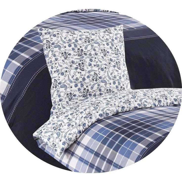 Buymax Bettwäsche Wende-Bettwäsche, Pablo, Renforce: 100% Baumwolle, 3 teilig, 200x220 cm, Bettbezug-Set, mit Reißverschluss, Blumen, Karo, Weiß Blau – Bild 4