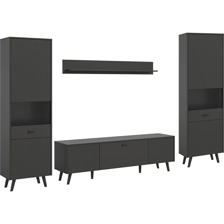 Wohnwand >Linea< (4-teilig) 2 Vitrinen, Lowboard, Wandboard, grau - 331x195x40cm BxHxT