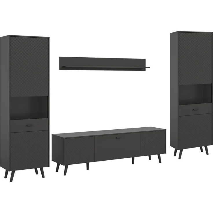 Wohnwand >Linea< (4-teilig) 2 Vitrinen, Lowboard, Wandboard, grau - 331x195x40cm BxHxT – Bild 1