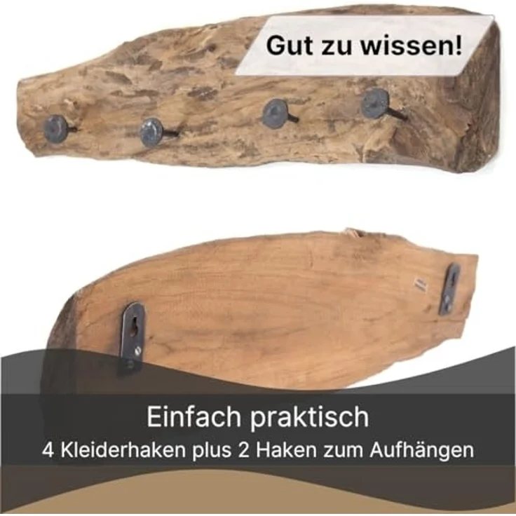 DESIGN DELIGHTS Wandgarderobe WANDGARDEROBE "TREIBHOLZ", 50x12 cm, Holz, vintage Kleiderhaken – Bild 5