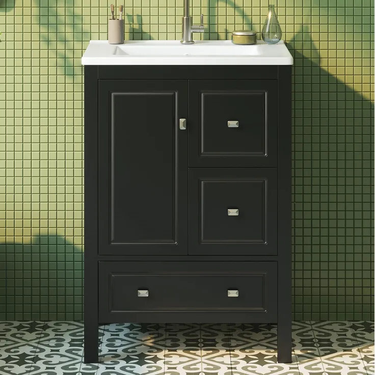 Waschtischunterschrank mit Keramikbecken 62 x 47 x 90 cm – Schwarz, 3 Schubladen und 1 Tür