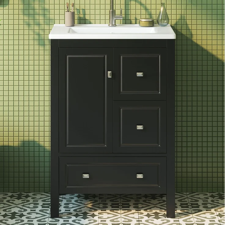 Waschtischunterschrank mit Keramikbecken 62 x 47 x 90 cm – Schwarz, 3 Schubladen und 1 Tür – Bild 1