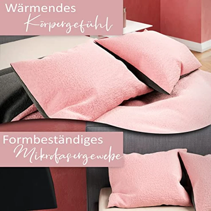 Moderne Plüschbettwäsche mit Reißverschluss - einfarbig, wendbar & warmhaltend Rosa 200x220cm + 2x 80x80cm Kissenbezug – Bild 6