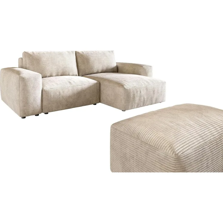 Ecksofa Lanzo 230x155 cm Cord Beige Recamiere variabel mit Hocker