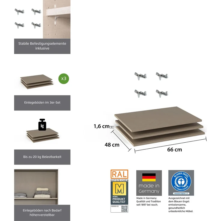 rauch Zubehör, Einlegeböden 3er-Set, für Schwebetürenschränke von rauch mit einer Elementbreite von 67,5 cm und einer Schranktiefe von 62 cm – Bild 3