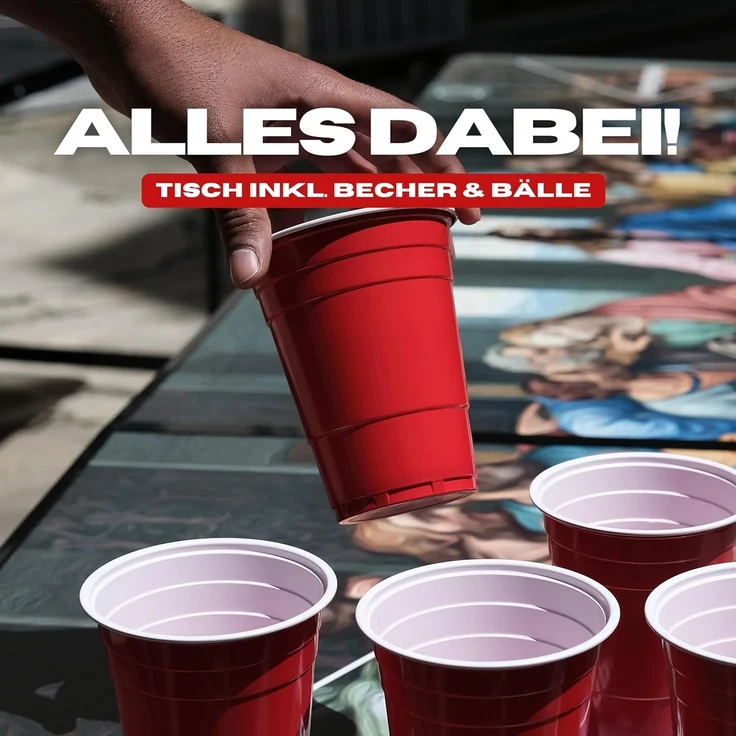 RedCupShop® 'Abendmahl' Bierpong Tisch, inkl. 50 Bechern und 8 Bällen, klappbar, tragbar, wasserabweisend & kratzfest, Aluminium / MDF, 240 x 60 x 70 cm – Bild 2