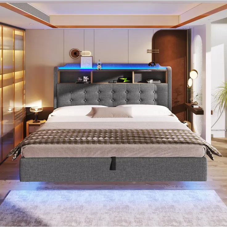 Polsterbett mit LED-Streifen, Type-C, USB und Stauraum, in schwebender Optik, gepolsterter Kopfteil, 180x200 cm, Doppelbett, Stauraumbett, Leinen – Bild 2