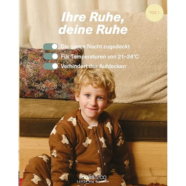 molis&co - Baby Schlafsack mit Füßen, abnehmbare Ärmel und Socken - Babyschlafsack 1 tog - Leicht gepolstert - 100% Baumwolle (Oeko-TEX 100), Premium Qualität - Teddy Mocca (80 cm) – Bild 6