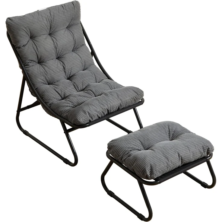 LVHOM Sessel mit Hocker, Gepolsterter Loungesessel aus Cord mit Metallgestell, ergonomischer Relaxsessel für Wohnzimmer und Schlafzimmer, Grau – Bild 2