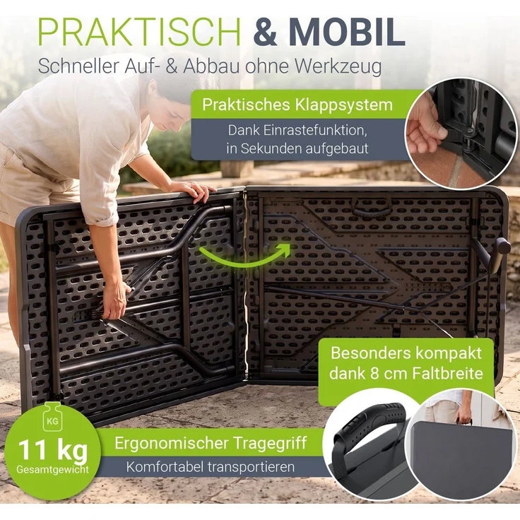 JUSKYS® Klappbarer Gartentisch Easyfold Anthrazit - Wetterfester, Klapptisch mit Tragegriff, stabiler multifunktionaler Buffettisch, 180x74x74 cm, 200 kg belastbar – Bild 2