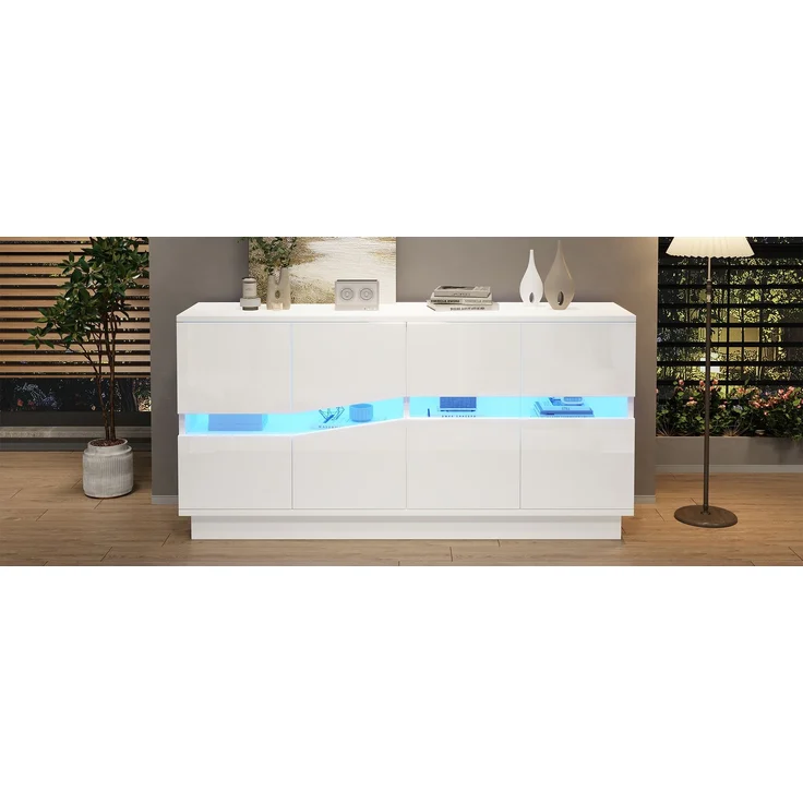 ZUBALIYA Sideboard 140x35x70 cm, mit LED-Beleuchtung, Hochglanz, mit 4 Türen, aus Spanplatte, Weiß – Bild 22