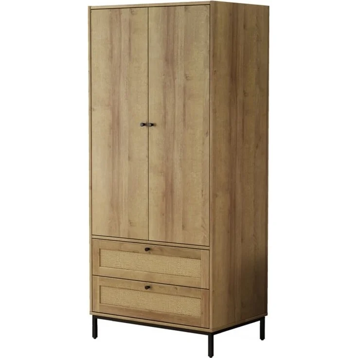 OTTO home Kleiderschrank Motala Schlafzimmerschrank Garderobe Boho Eichen-Design Bestseller (Moderne schwarze Griffe, Schublade mit Geflecht) Schlafzimmerschrank mit 2 Türen und 2 Schubladen – Bild 4