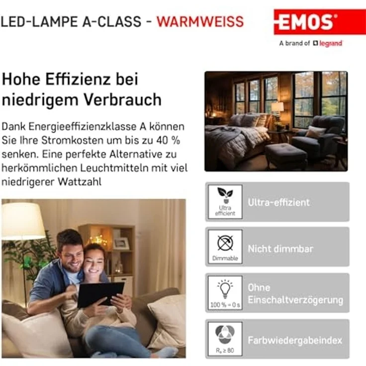 EMOS - LED-Lampe Filament A60 - A Klasse Vintage-Glühbirne - E27 Sockel - warmweiß - 806 lm - extra-sparsam, 3,8W (statt 60W Glühbirne) - 50 000 Stunden - Winkel 300 ° - CRI min. 80 – Bild 4