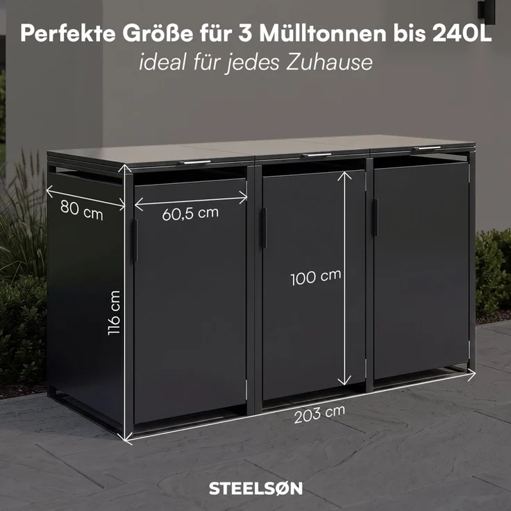 STEELSØN 'Thoria' Mülltonnenbox 3er je 240 Liter, graphitschwarz, Mülltonnenverkleidung aus Stahl, wetterfest, 116x80x203 cm, Müllbox für 3 Tonnen – Bild 9