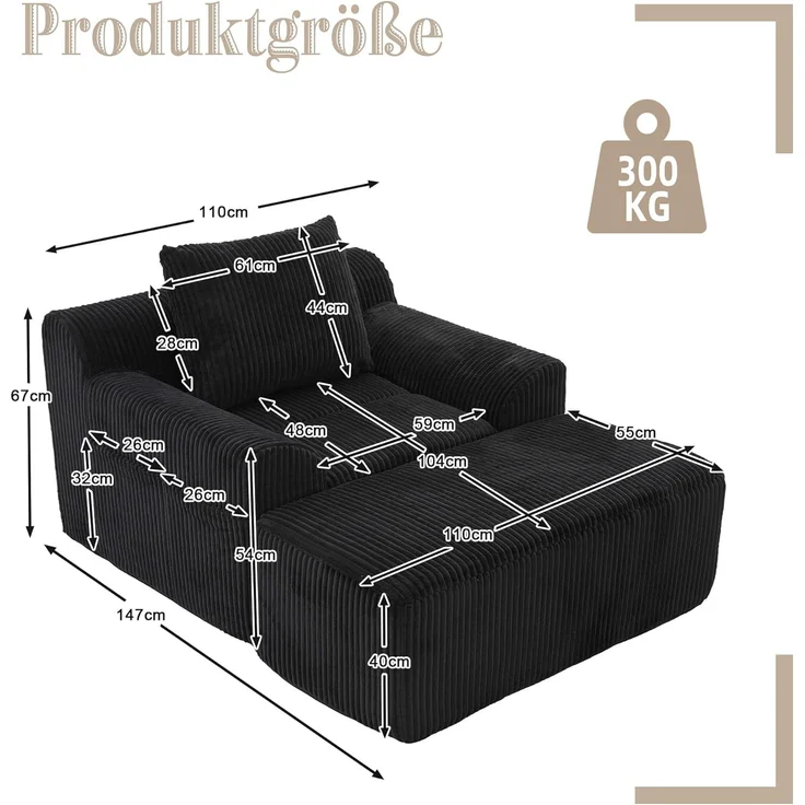 Ball & Cast Reading Chair, Big Sessel mit Rückenlehne und Fußstütze, Lesesessel Bequem XXL aus Kordsamt, Montagefrei, 147 x 110 x 67 cm, Schwarz – Bild 2